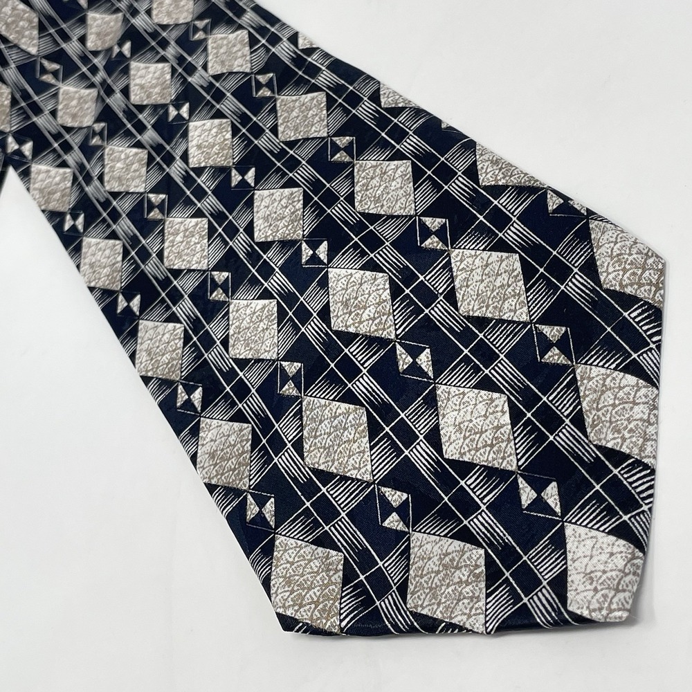 L'Uomo Mens Tie 100% Silk Italy Black Cream 4x60" VTG‎ Geometric Print Classic